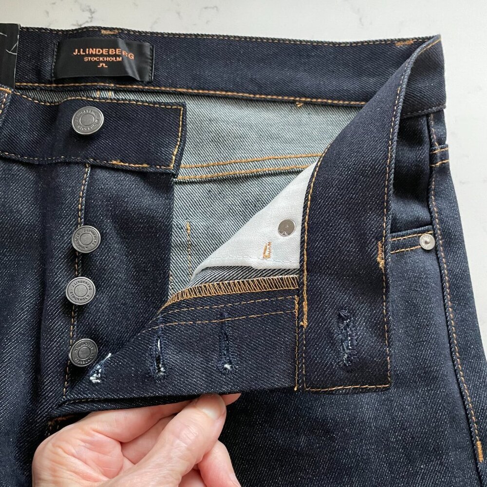 J. Lindeberg Stockholm Jake Raw Reg Rise Rg Tapered Leg Dk Wash Jeans Blue 29x32 - Picture 15 of 16